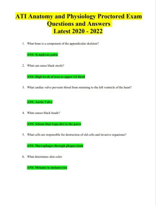 Study Guide for ATI Anatomy and Physiology Proctored Exam – Questions & Answers (2020-2021)